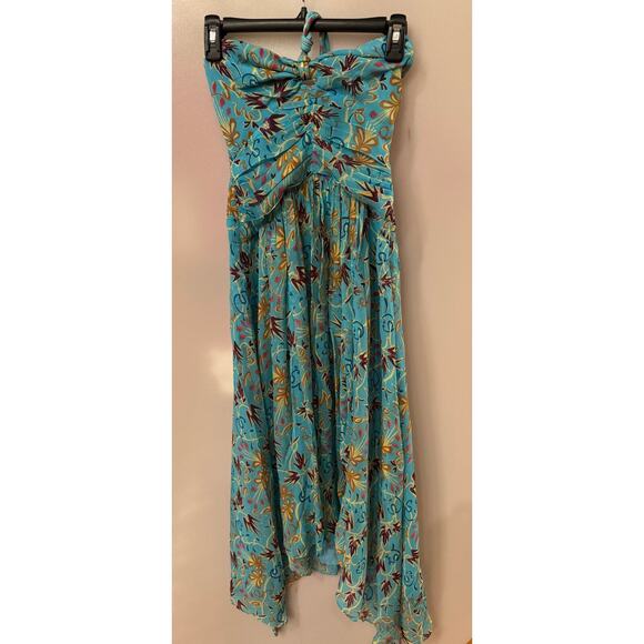 A.L.C. VIOLET BLUE TEAL SILK PRINTED HALTER SLEEVELESS ASYMMETRIC MIDI DRESS - Picture 7 of 7